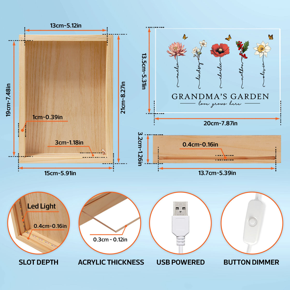 Grandma‘s Garden Love Grows Here Beautiful Birth Month Flower Gift For Grandma Mom Personalized Wooden Frame Light Box