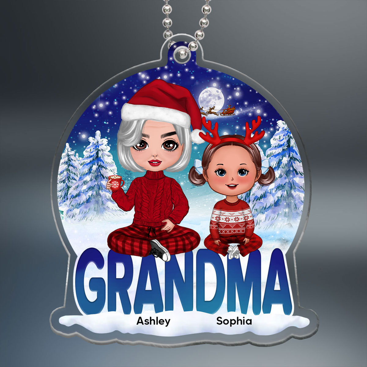 Grandma Grandkids Sitting Snowball Christmas Personalized Acrylic Ornament