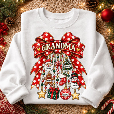 Grandma Retro Christmas Charm Bow - Personalized Shirt - Trendy Christmas Tee for Grandma