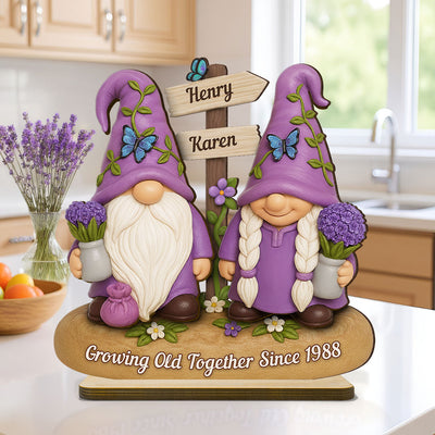 Lavender Gnome Couple - Personalized Standing Wooden Plaque - Gift for Couple, for Him, for Her