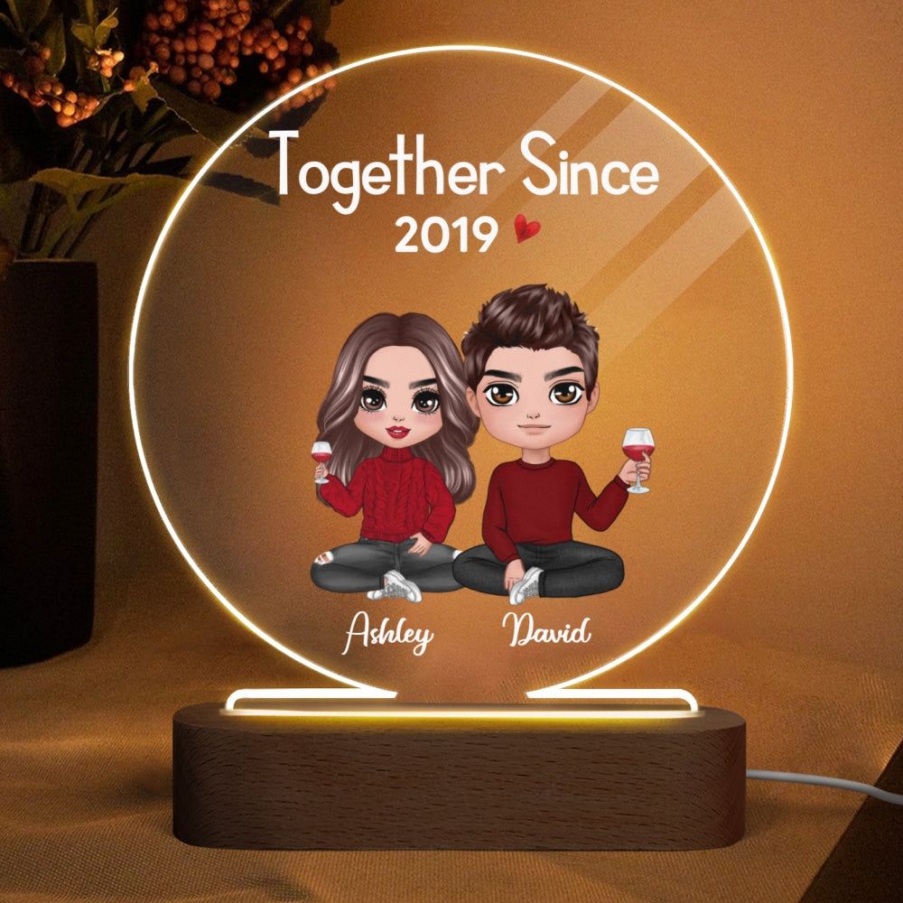 Doll Couple Sitting  Anniversary Gift For Him Gift For Her Personalized Circle Acrylic Plaque LED Lamp Night Light