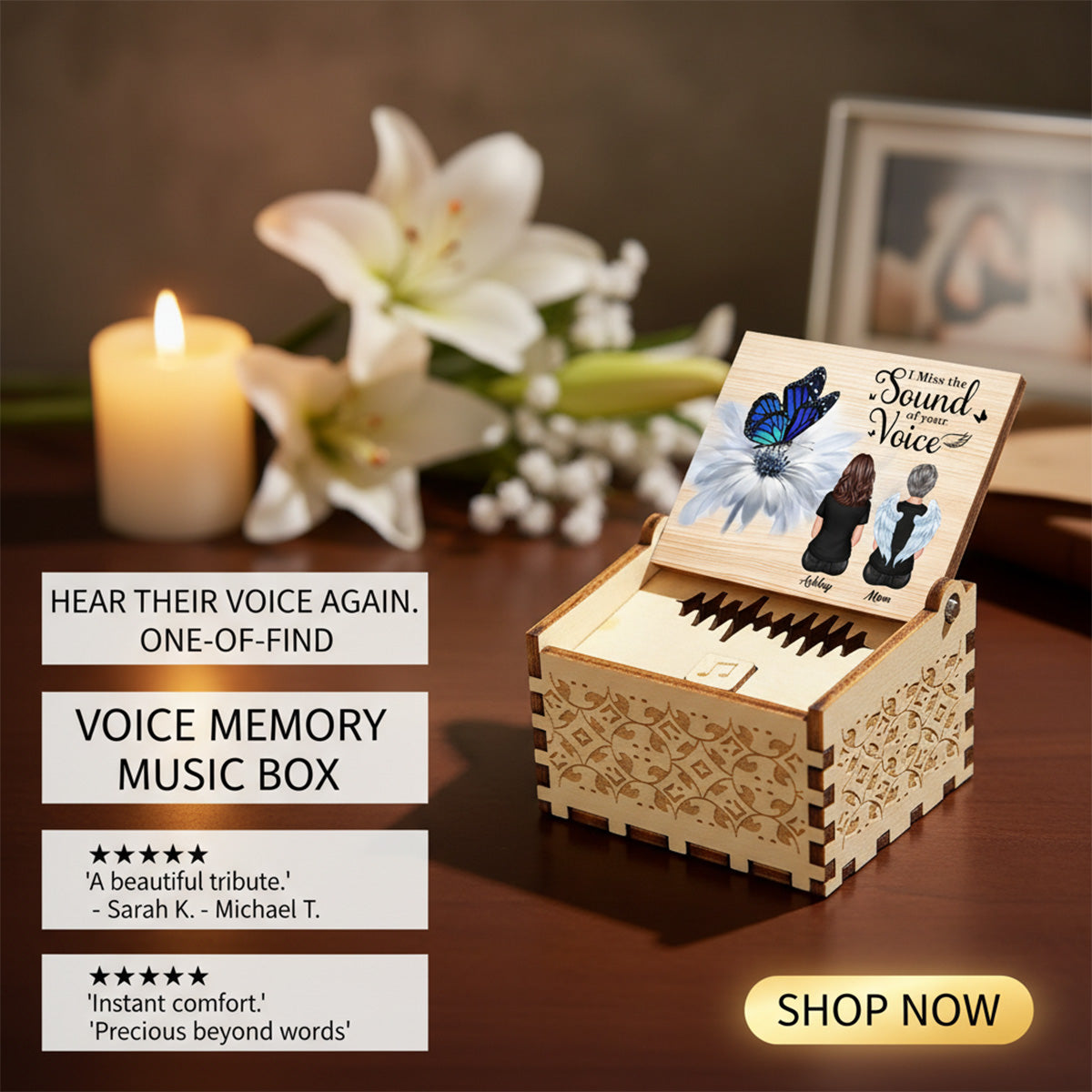 Upload Voice Message Butterfly On Daisy Miss Your Voice - Personalized Wooden Music Box - Memorial Gift, Remembrance Keepsake