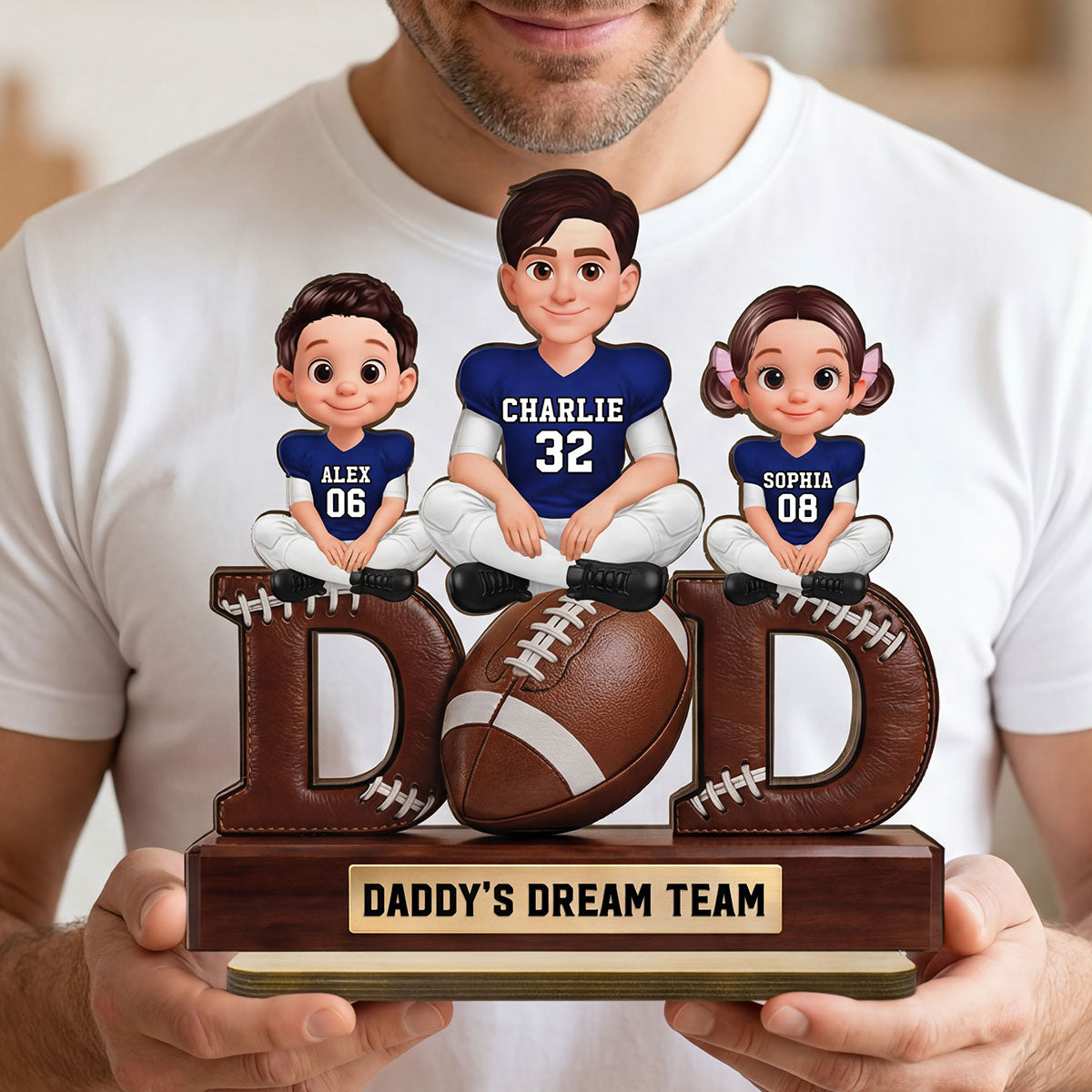 American Football Daddy's Dream Team - Personalized 2-Layered Wooden Plaque - Father's Day Gift For Dad