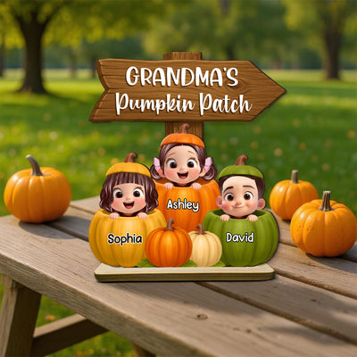 Grandma Pumpkin Patch Cute Grandkids Direction Sign 3D Effect Personalized Standing Wooden Plaque