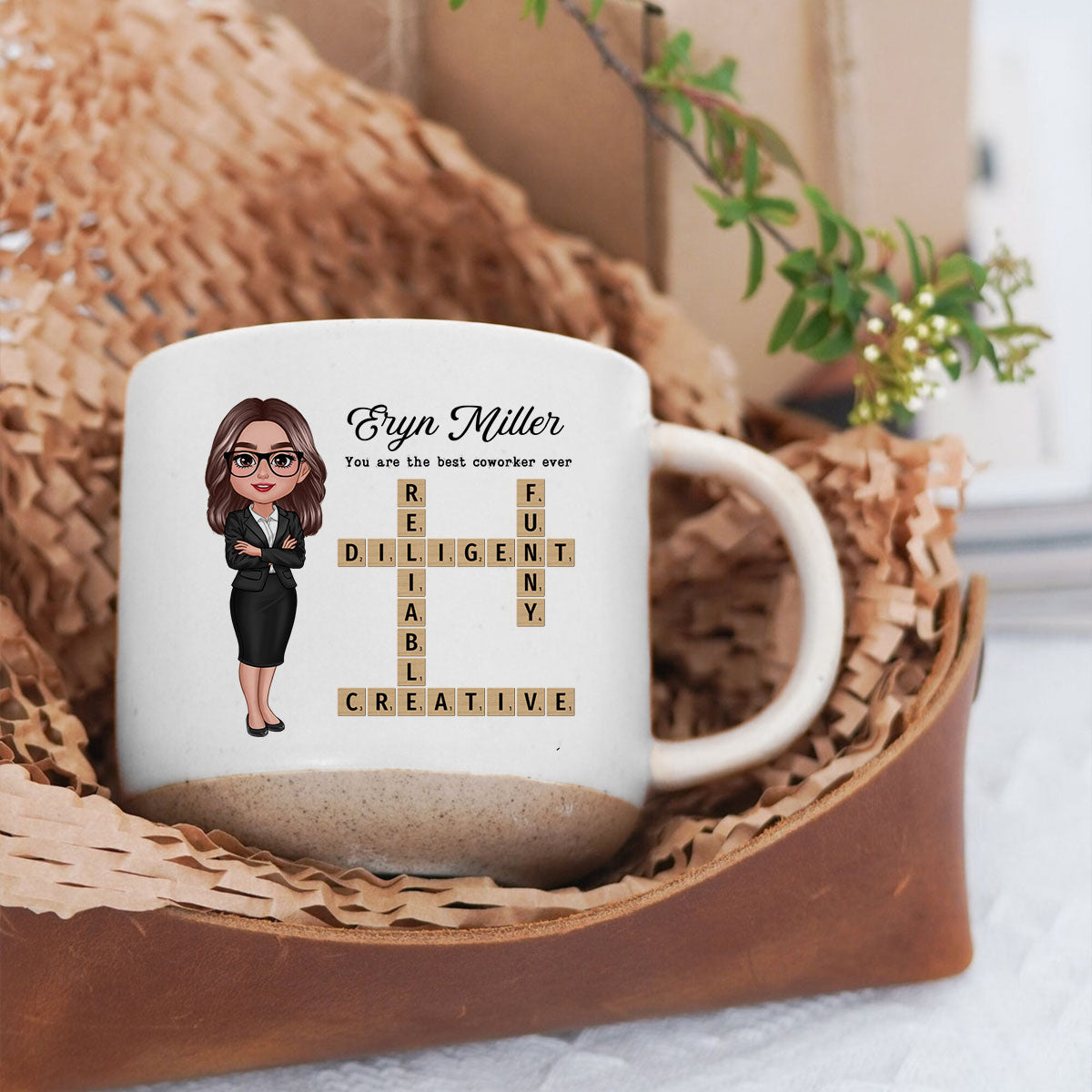 Coworker Crossword Art Personalized Pottery Mug, Thank You Gift for Coworker, Best Friend