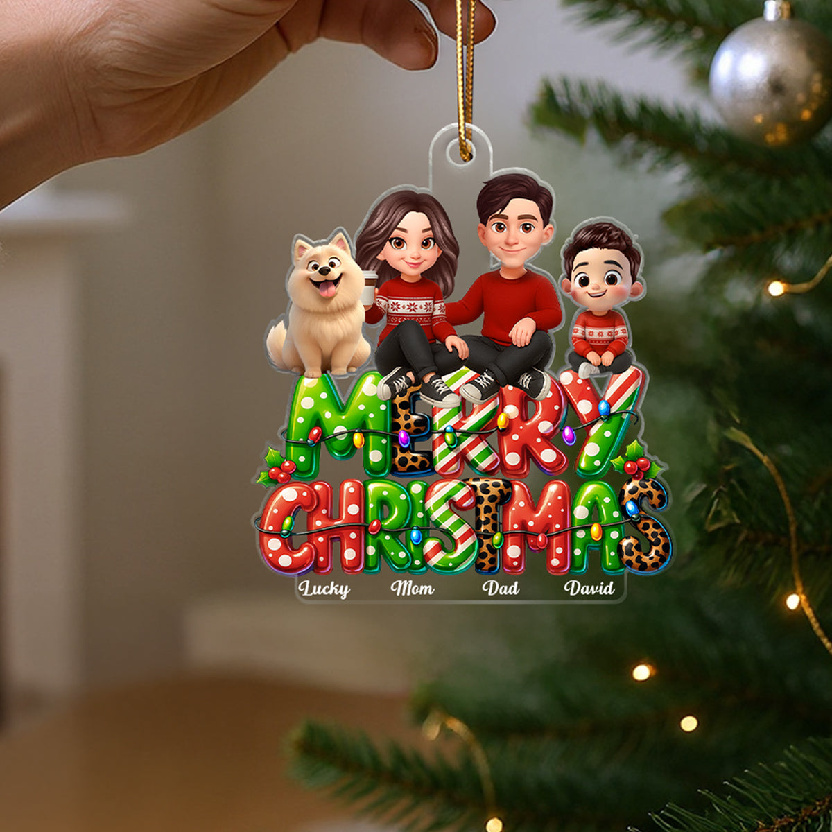 Merry Christmas 2025 Family Sitting on Text Personalized Acrylic Ornament, Christmas Gift for Husband, Wife, Kid