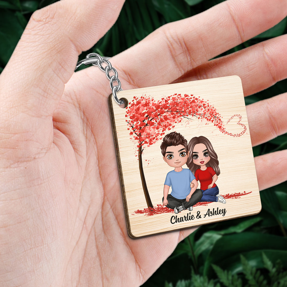 Doll Embracing Couple Sitting Under Tree Calendar Anniversary Date Personalized Wooden Keychain