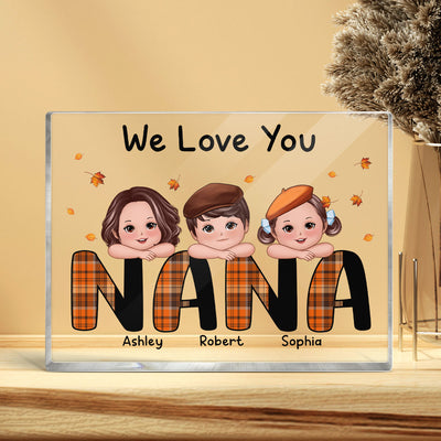 We Love You Grandma Mom Plaid Pattern Kids On Hand Fall Season Personalized Horizontal Rectangle Acrylic Plaque Block