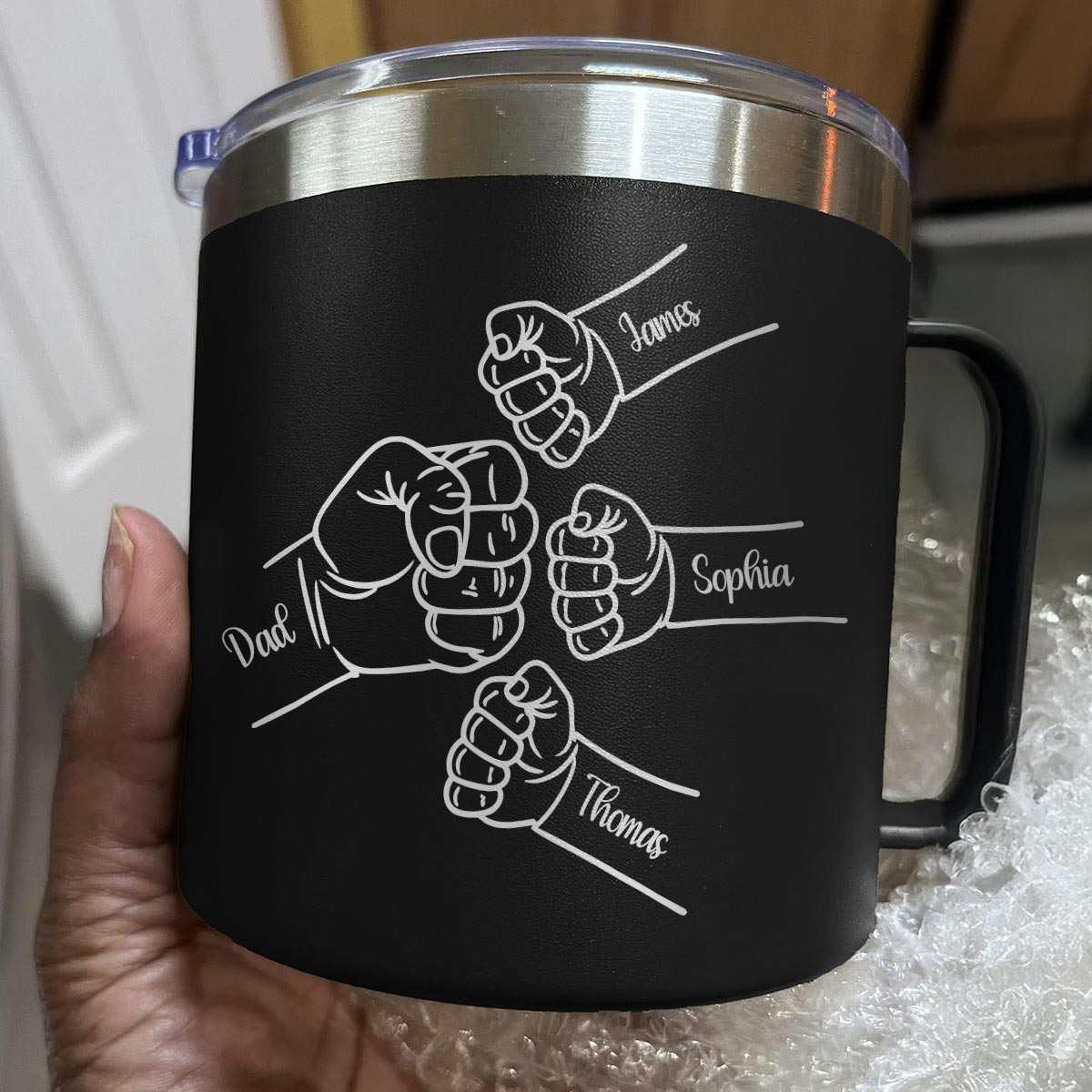Dad & Kids Fist Bumps Outline Personalized Stainless Steel Tumbler With Handle, Father's Day Gift