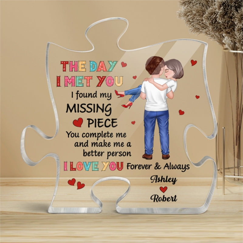 Colorful Pattern Embracing Hugging Couple Personalized Puzzle Acrylic Plaque