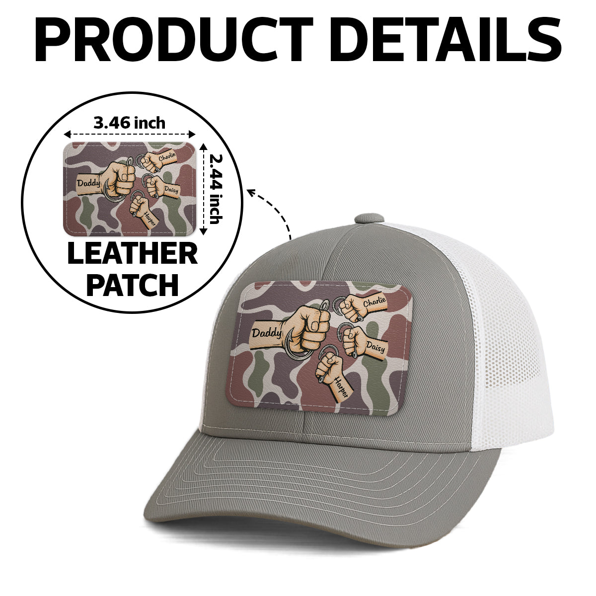 Dad Grandpa & Kids Fist Bump Fishing With Hooks Personalized Leather Patch Hat, Father's Day Gift For Husband, For Dad, For Grandpa