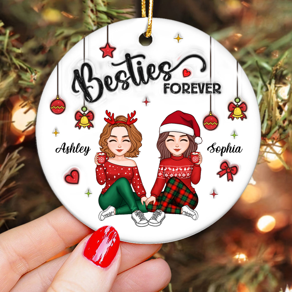 3D Inflated Effect Gorgeous Besties Forever Personalized Ceramic Ornament, Christmas Gift For Best Friends