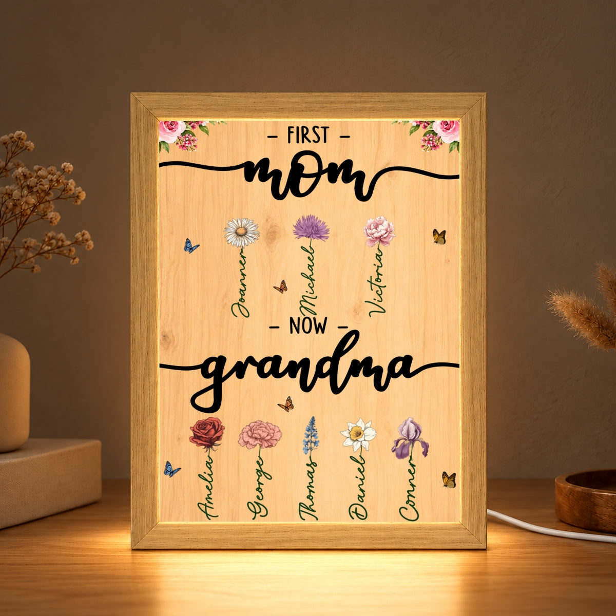 First Mom Now Grandma Custom Birth Month Flower - Personalized Mirror Light Box - Heartfelt Christmas Gift for Mom, Wife, Grandma