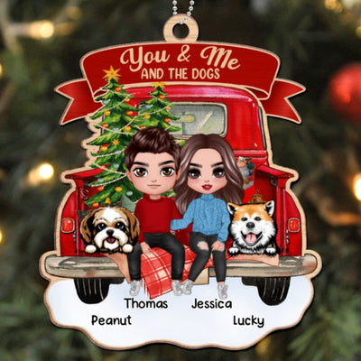 Couple And The Dogs On Christmas Truck Personalized Wooden Ornament