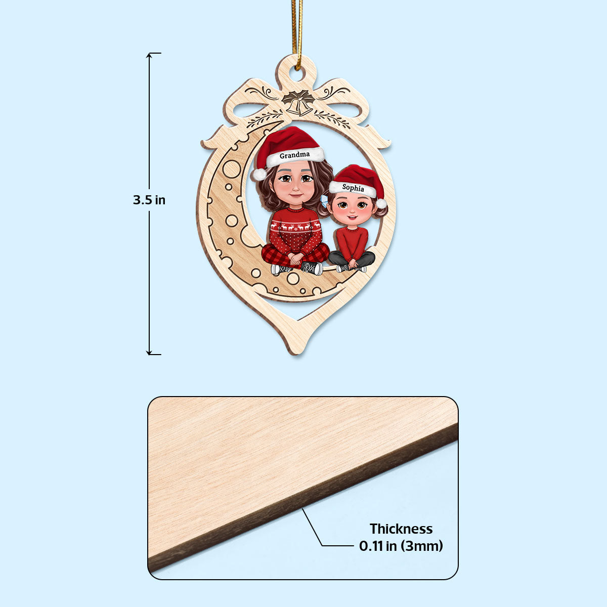 Grandma Grandkid Crossed Legs On Moon In Ornament Shaped Personalized Wooden Ornament