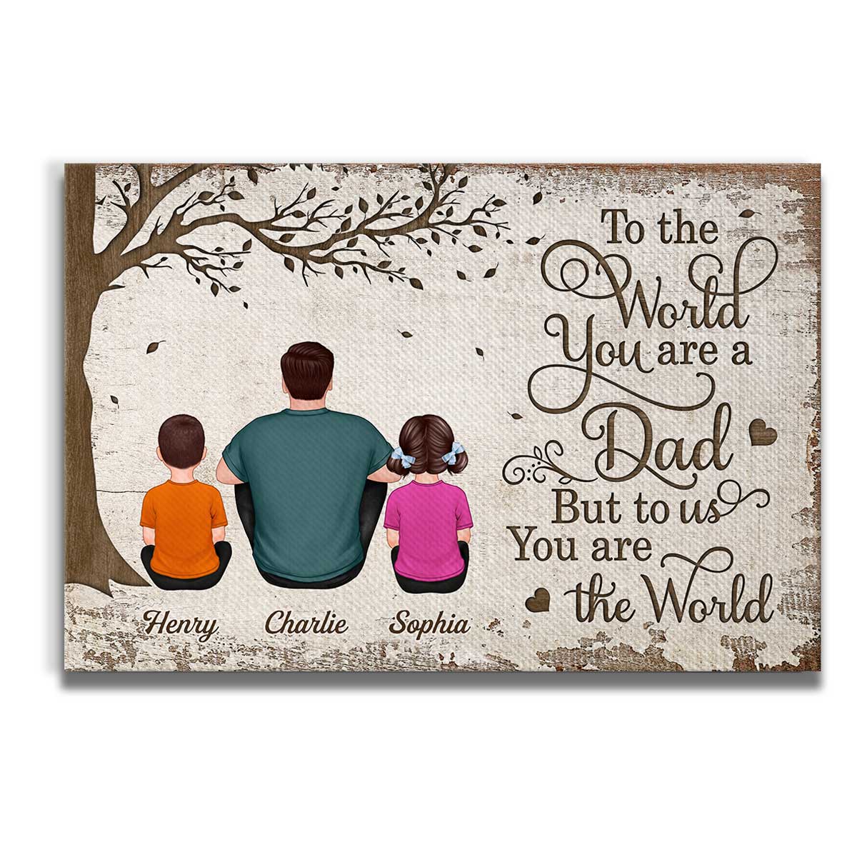 Back View Dad And Kids Dogs Cats Sitting Personalized Canvas