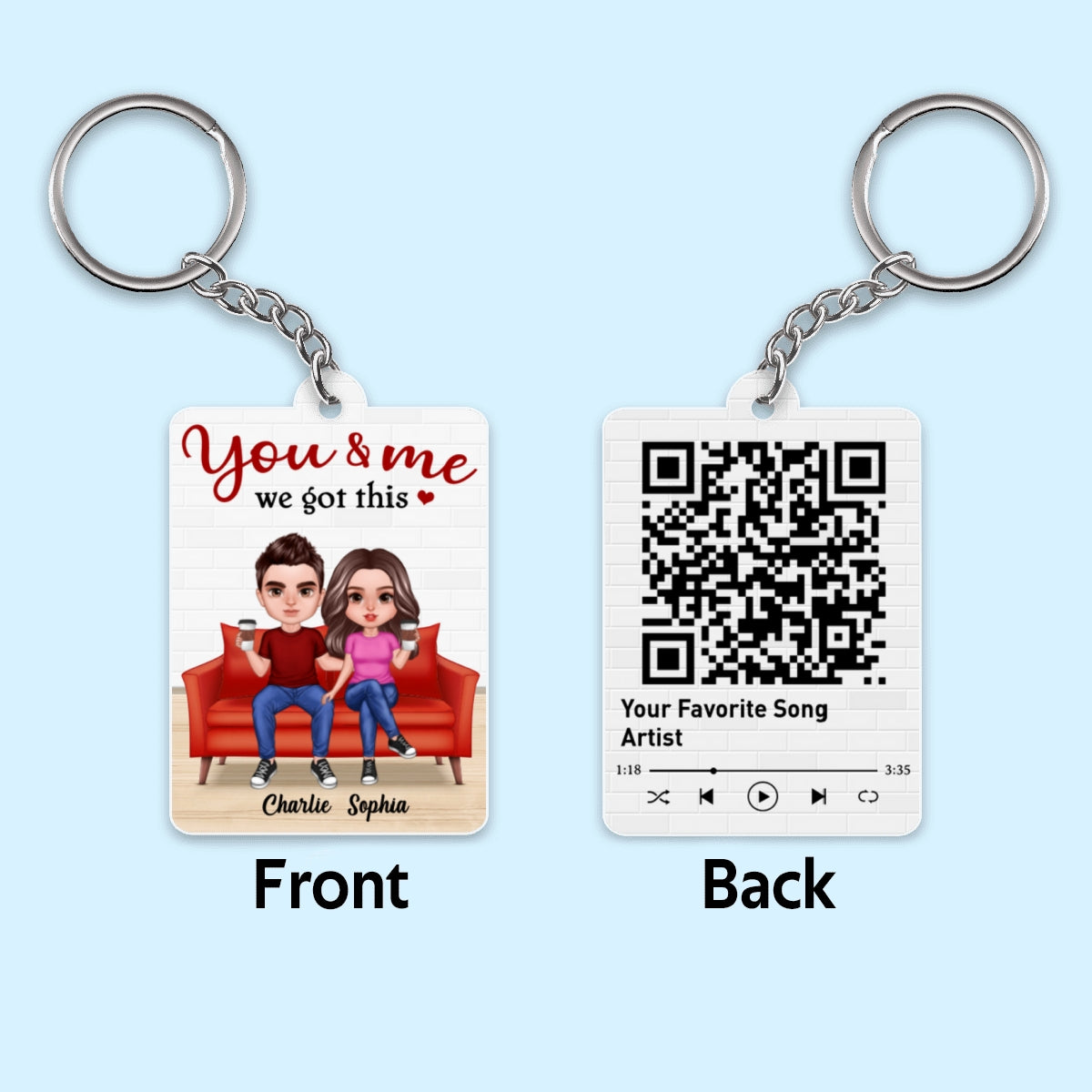 Realistic Doll Couple On Sofa Favorite Song Scannable QR Code Personalized Acrylic Keychain