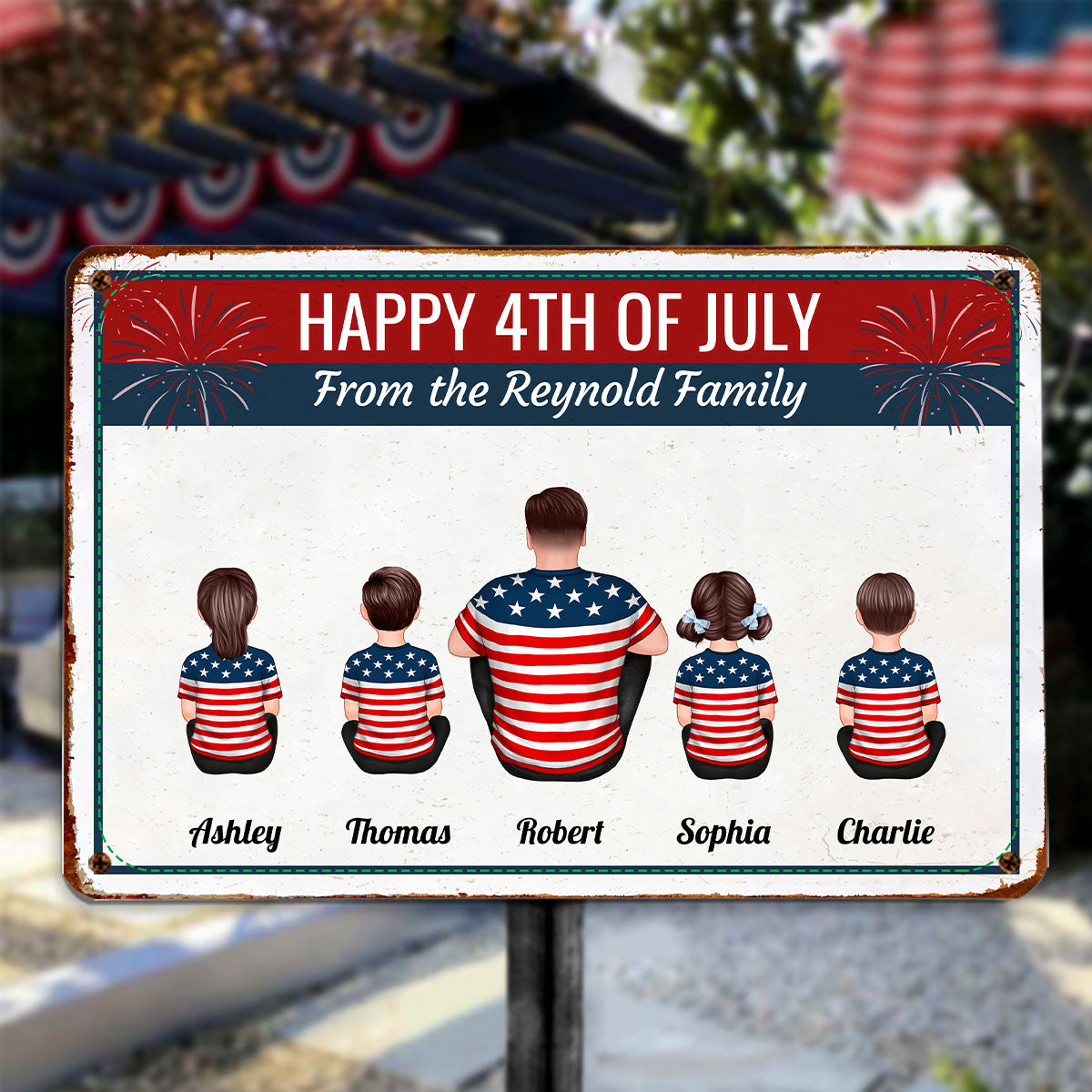 Happy 4th Of July Independence Day Back View Family Couple Kid Dog Cat Personalized Metal Sign