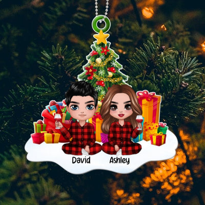 Pajamas Doll Couple Sitting By Christmas Tree Personalized Wooden Ornament