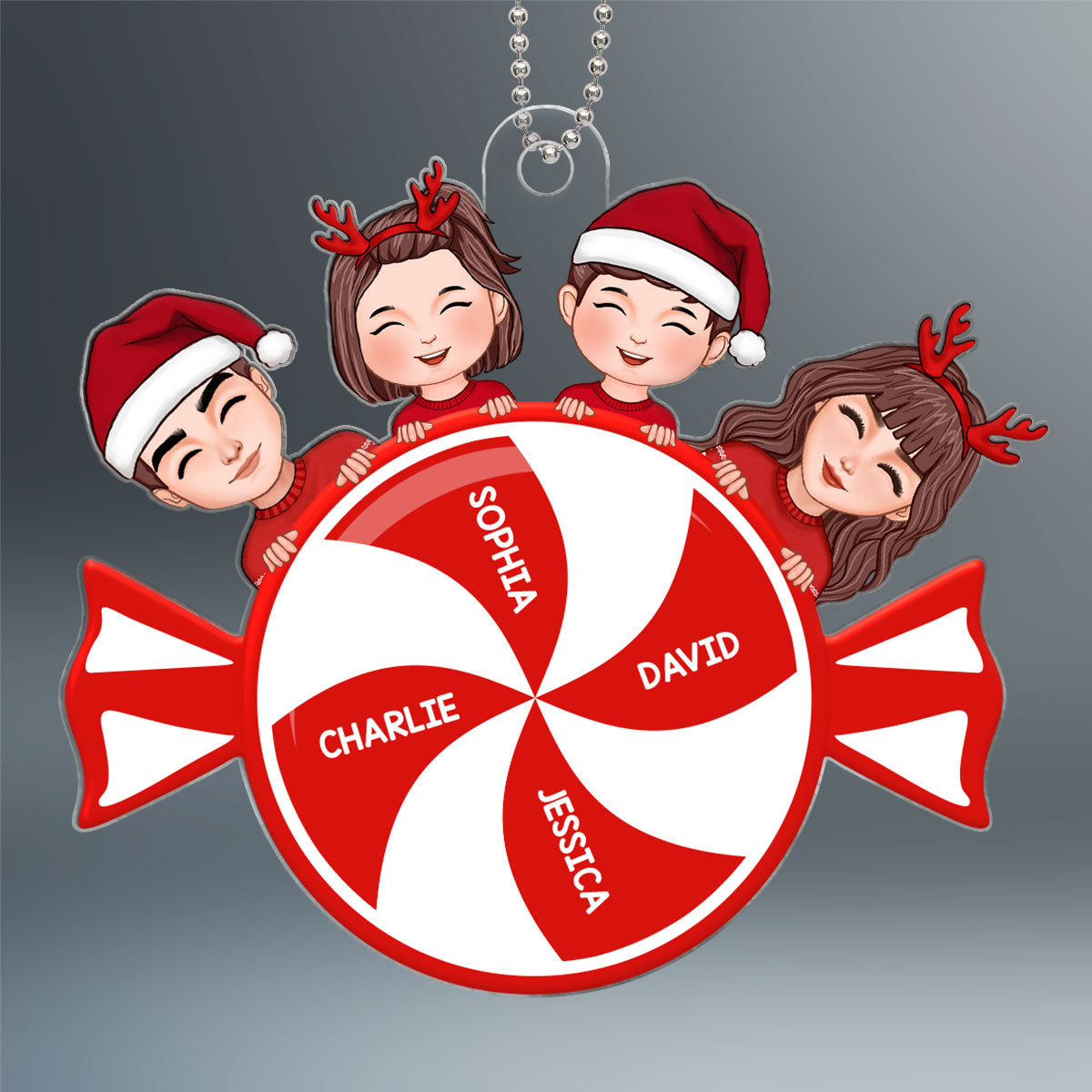 Family Dad Mom Kids Dogs Cats Christmas Peppermint Personalized Acrylic Ornament