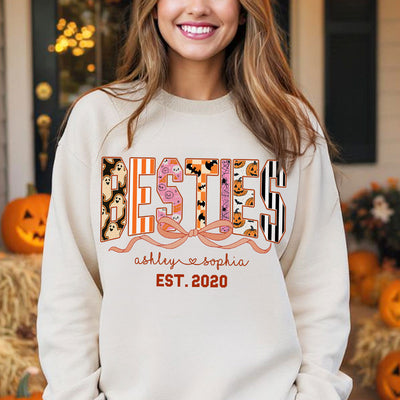 Retro Halloween Spooky Coquette Personalized Matching Besties Sweatshirt, Fall Gift for Besties