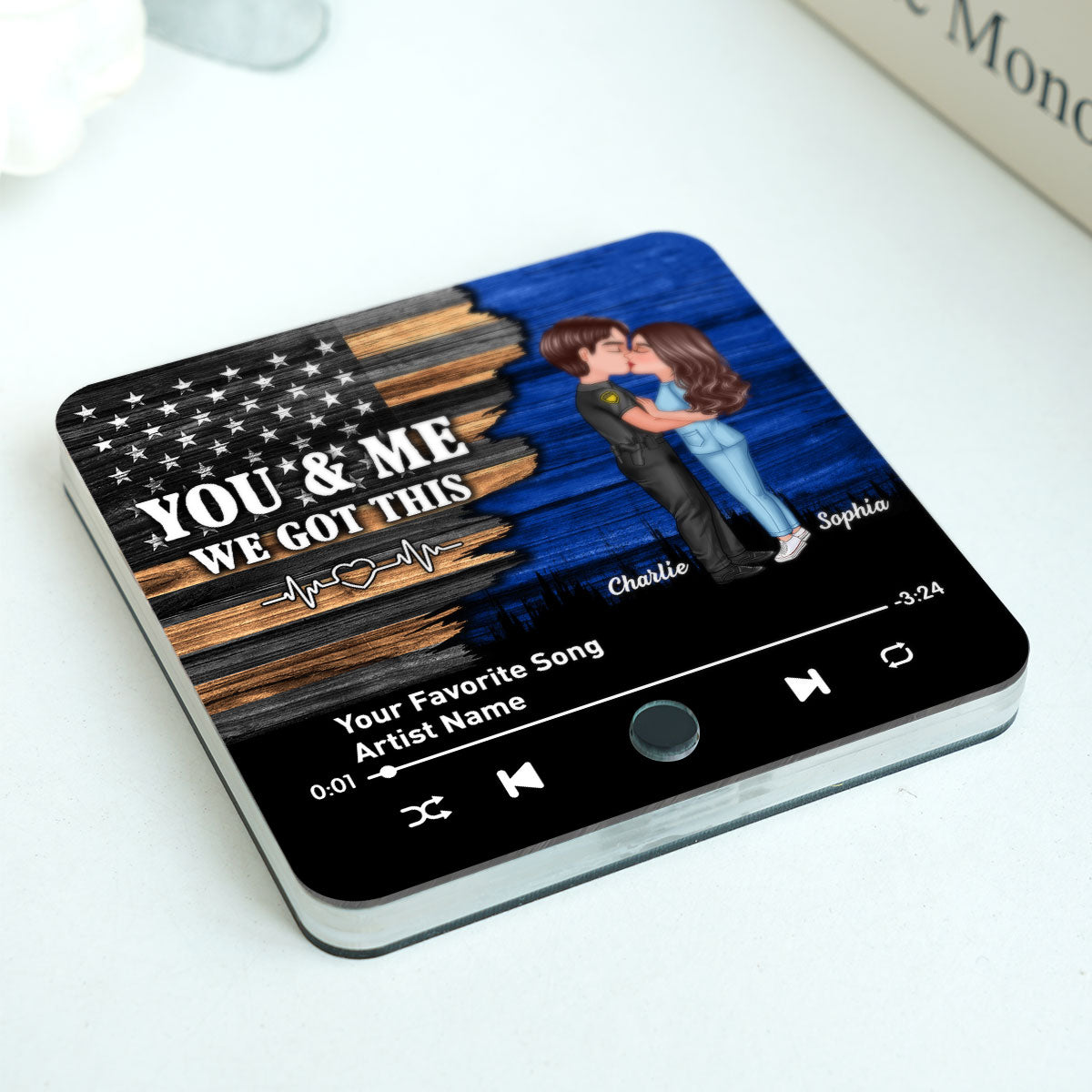Hero Couple Kissing Half Flag Gift by Occupation Personalized Music Fridge Magnet,  Gift For Him, For Her