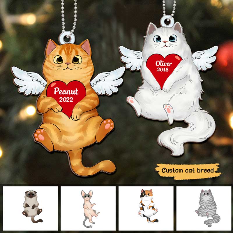 Fluffy Cat Memorial Angel Wings Personalized Wooden Ornament
