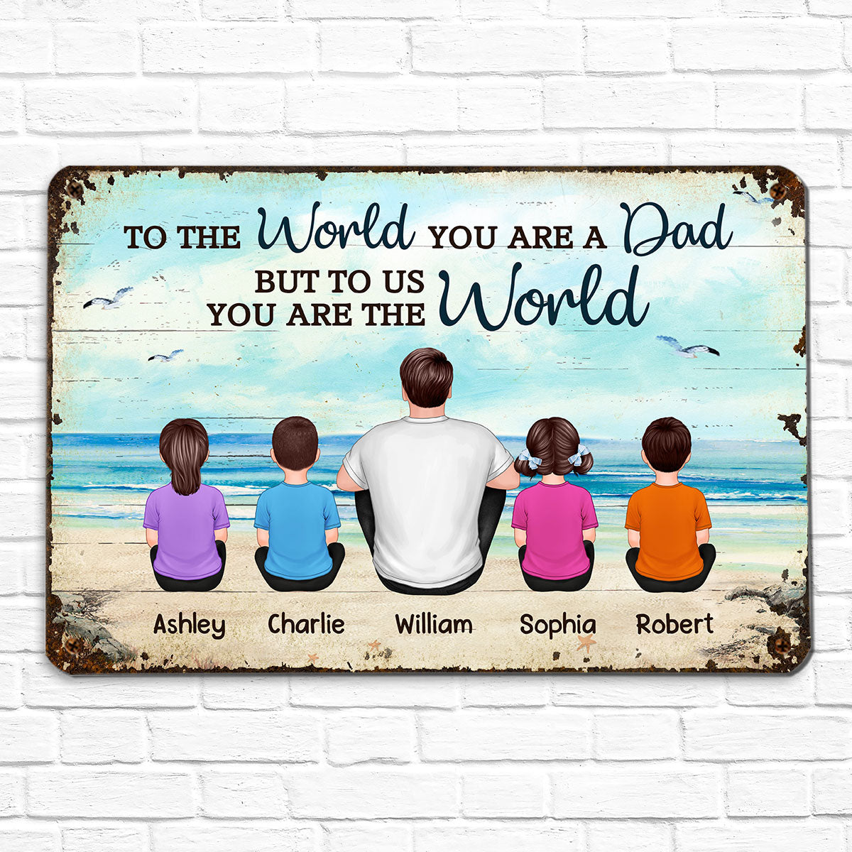 Beach Landscape Dad Grandpa We Love You Back View Dad And Kids Dogs Cats Sitting Personalized Metal Sign