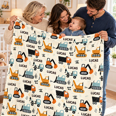 Construction Vehicle Custom Baby Name - Personalized Fleece Blanket - Nursery Construction Theme For Baby Boy