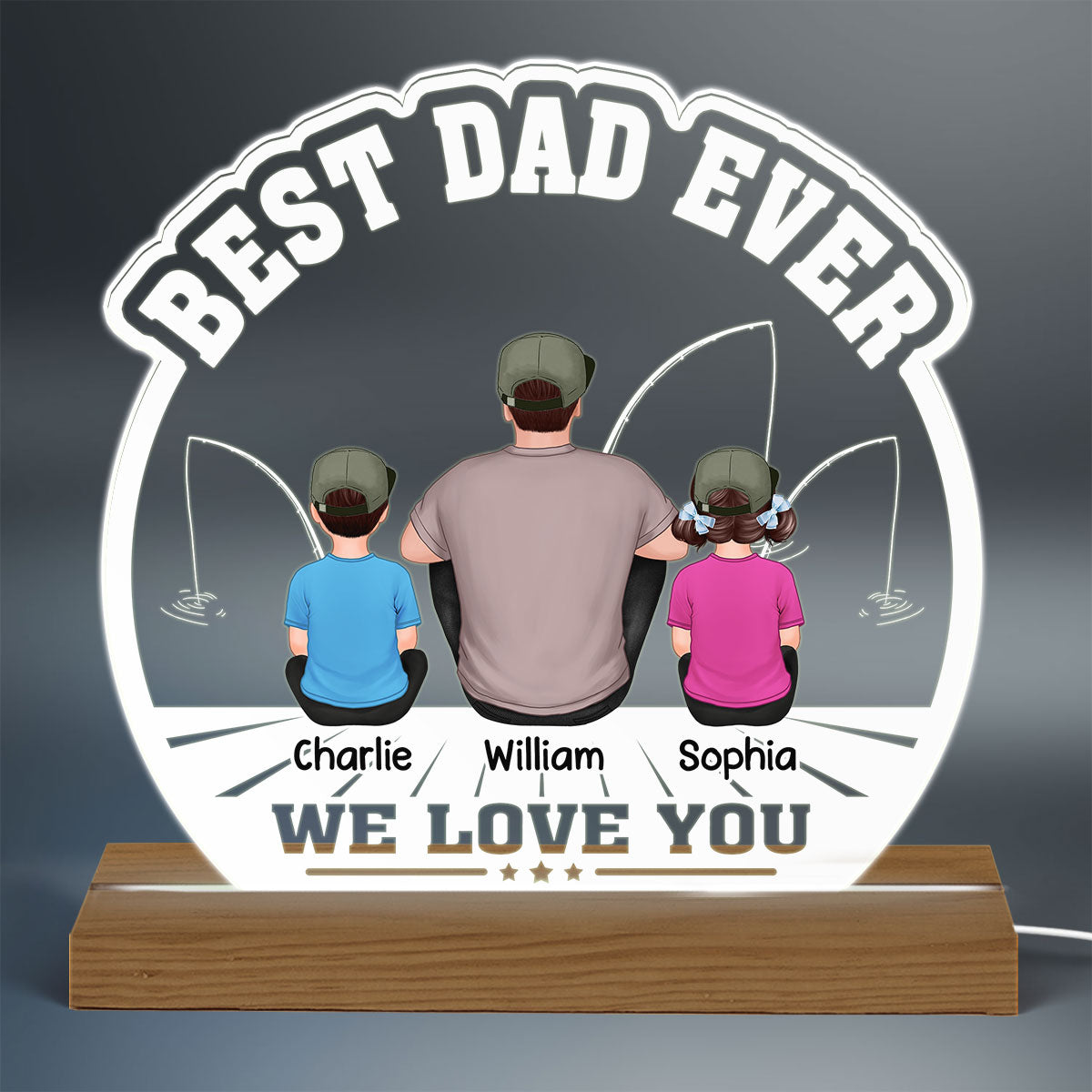 Best Fishing Dad Ever Back View Man And Kids Sitting Personalized Personalized Custom Shape Acrylic Plaque Warm LED Night Light