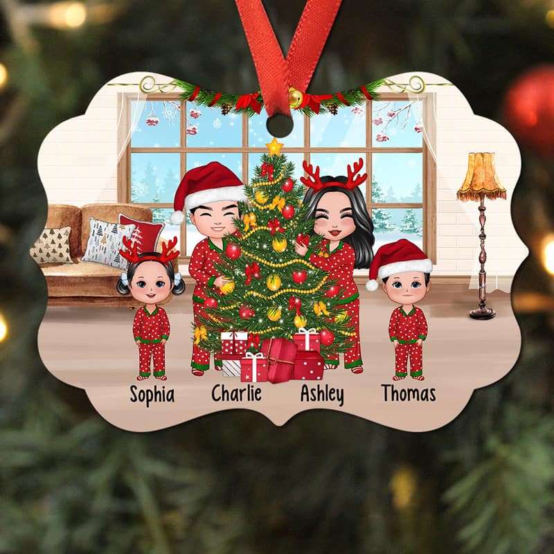 Doll Family Decorating Christmas Tree Personalized Christmas Ornament