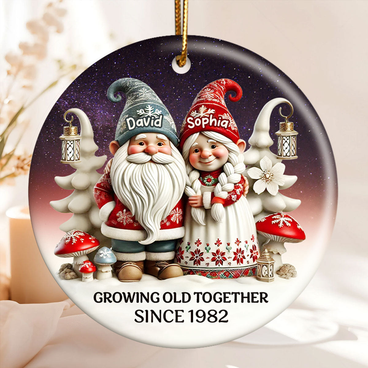 Gnome Couple Together Christmas Personalized Ceramic Ornament, Christmas Gift For Him, For Her, Husband, Wife