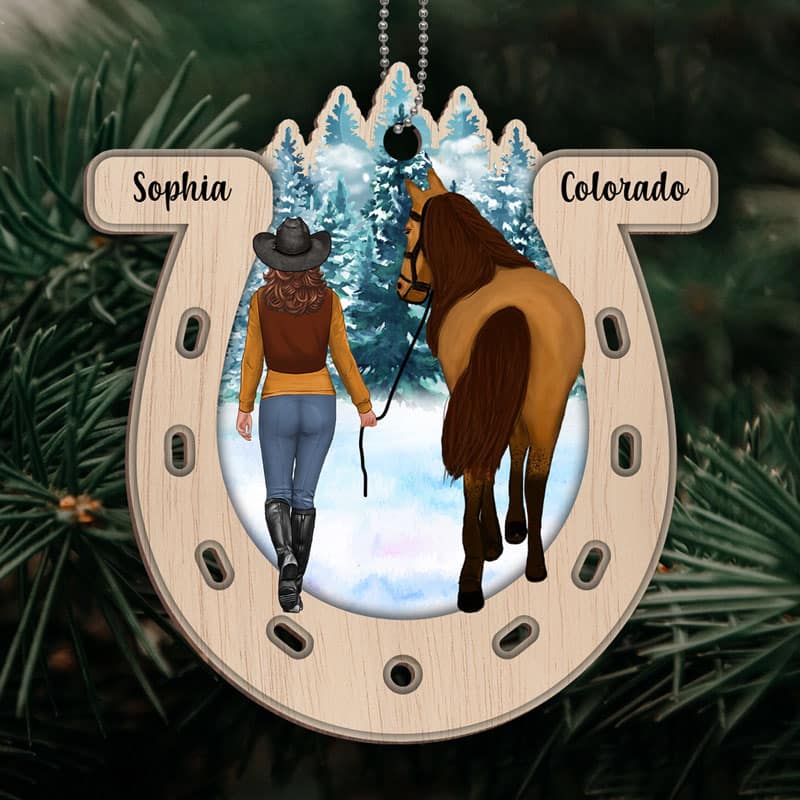 Girl And Horse Horseshoe Personalized Wooden Ornament