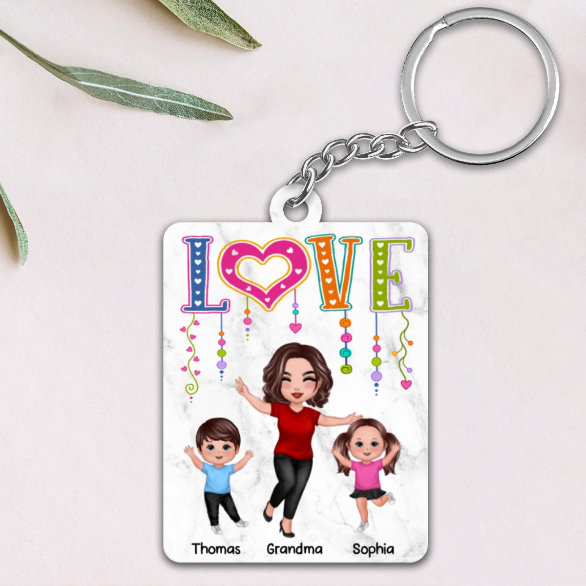 LOVE Happy Doll Grandma Mom With Kids Personalized Acrylic Keychain