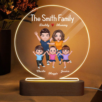 Happy Whole Family Doll Couple Dad Mom Kids Dogs Cats Personalized Circle Acrylic Plaque LED Night Light