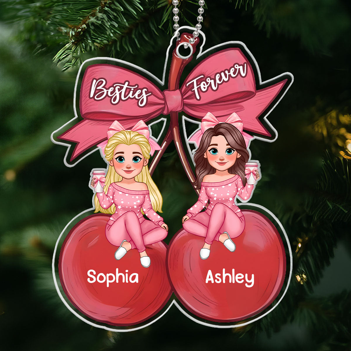 Besties Sitting On Pink Coquette Cherry Bow Personalized Acrylic Ornament, Christmas Gift For Best Friends
