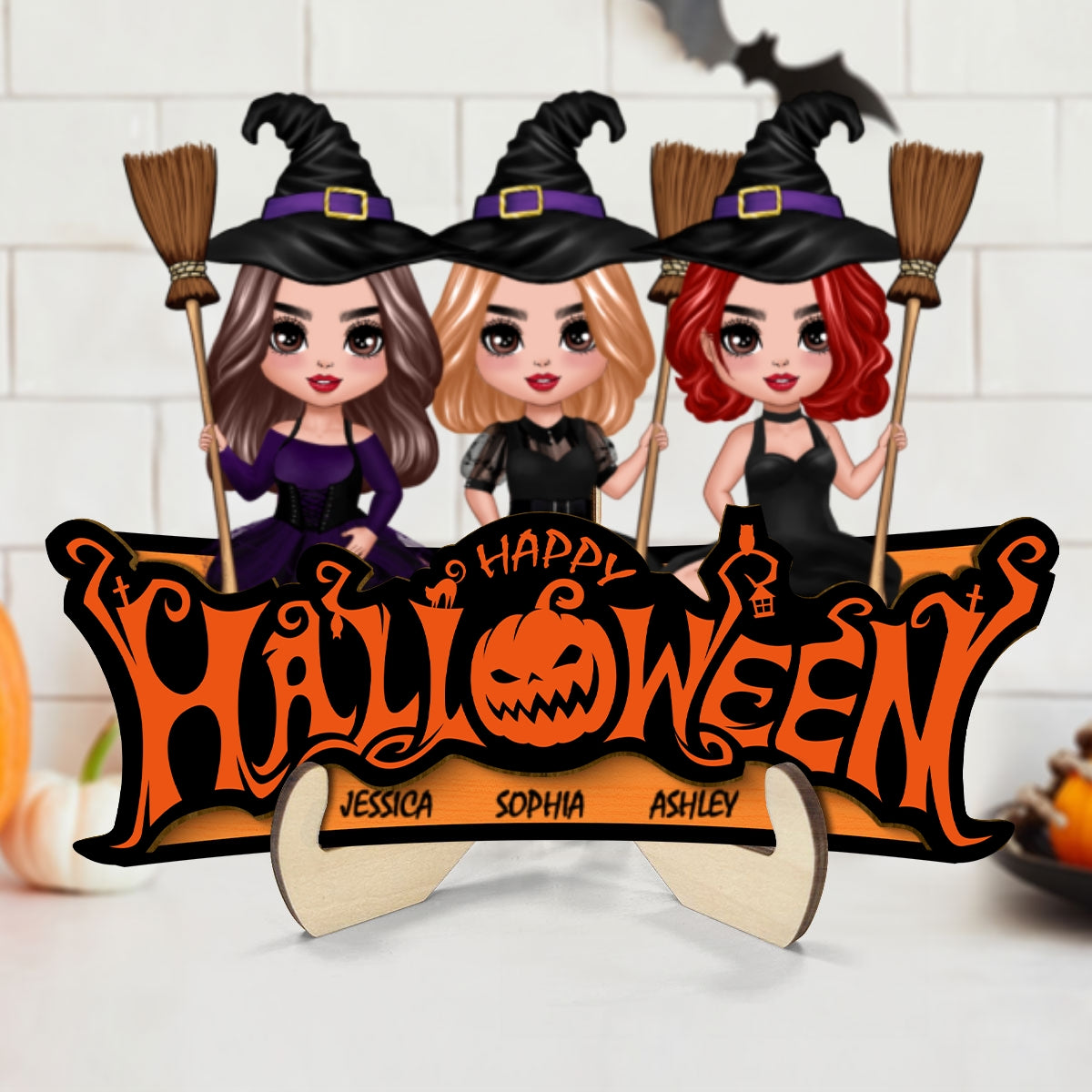 Besties Happy Halloween Jack O Lantern Spooky, Personalized 2-Layered Wooden Plaque, Gift For Best Friends, Sisters