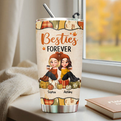 Besties Sisters Sitting On Pumpkin Preppy Floral Fall Season Personalized Tumbler