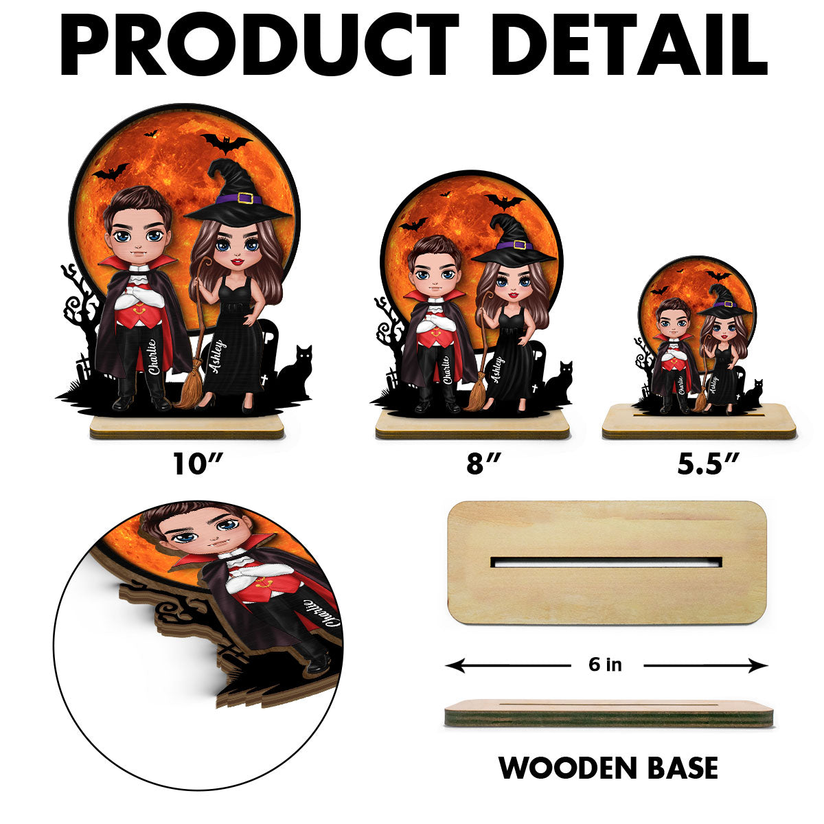 Couple Under Halloween Moon Tabletop Tier Tray Decor Personalized 2-Layer Standing Wooden Plaque