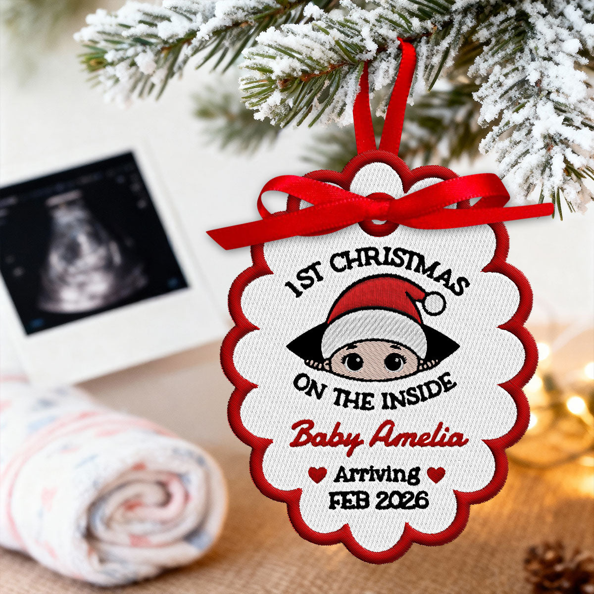 Baby 1st Christmas On The Inside - Personalized Embroidered Ornament - Custom Pregnancy Reveal Ornament, Expecting Parents