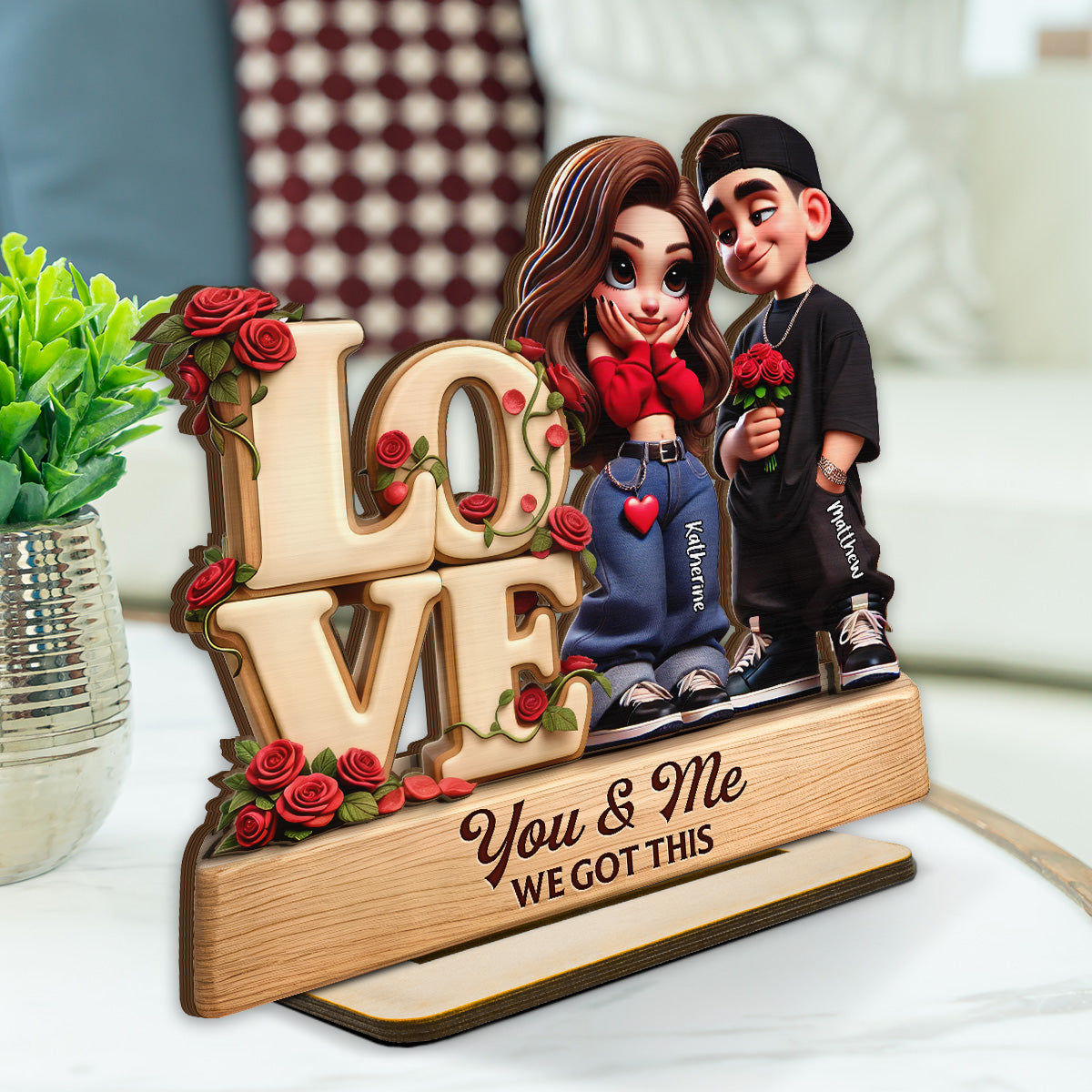 Y2K Couple Love Rose - Personalized 2-Layered Wooden Plaque - Valentine's Day Gift For Couple, For Him, For Her, Nurse, Police, Firefighter, Army