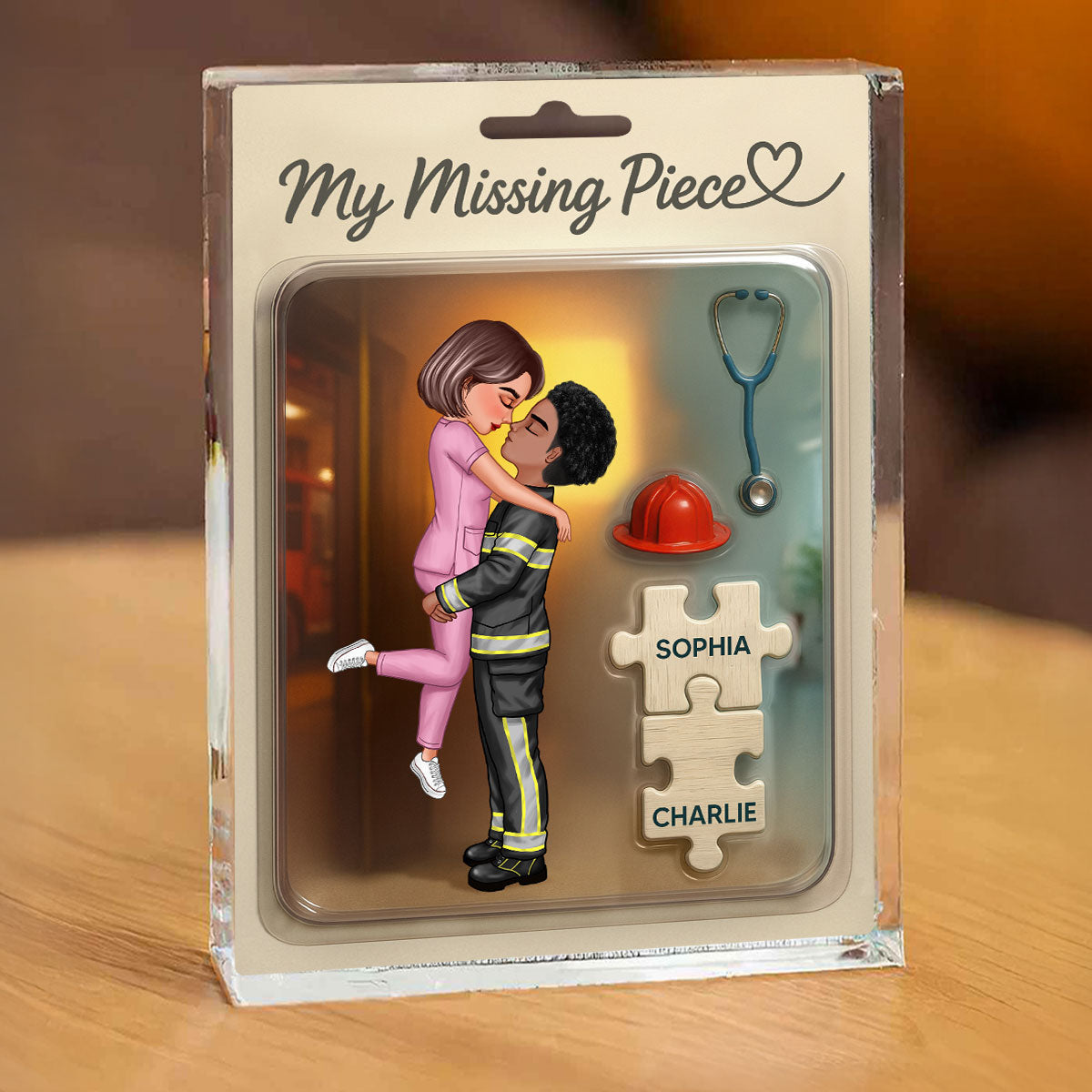 My Missing Piece Firefighter Nurse Doll Couple Personalized Acrylic Block Plaque, Gift for Him, Gift for Her