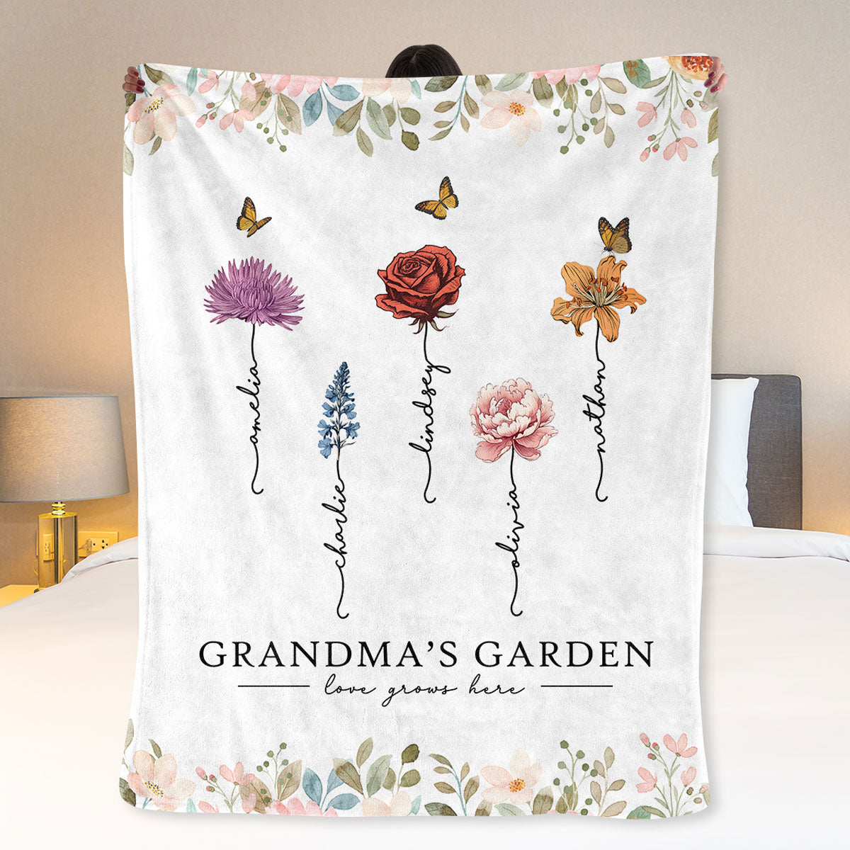 Grandma‘s Garden Love Grows Here Beautiful Birth Month Flower Gift For Grandma Mom Personalized Fleece Blanket