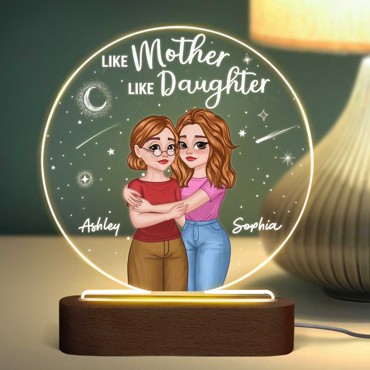 Mother Daughter Hugging Cartoon Under Starry Night Personalized Circle Acrylic Plaque With LED Night Light
