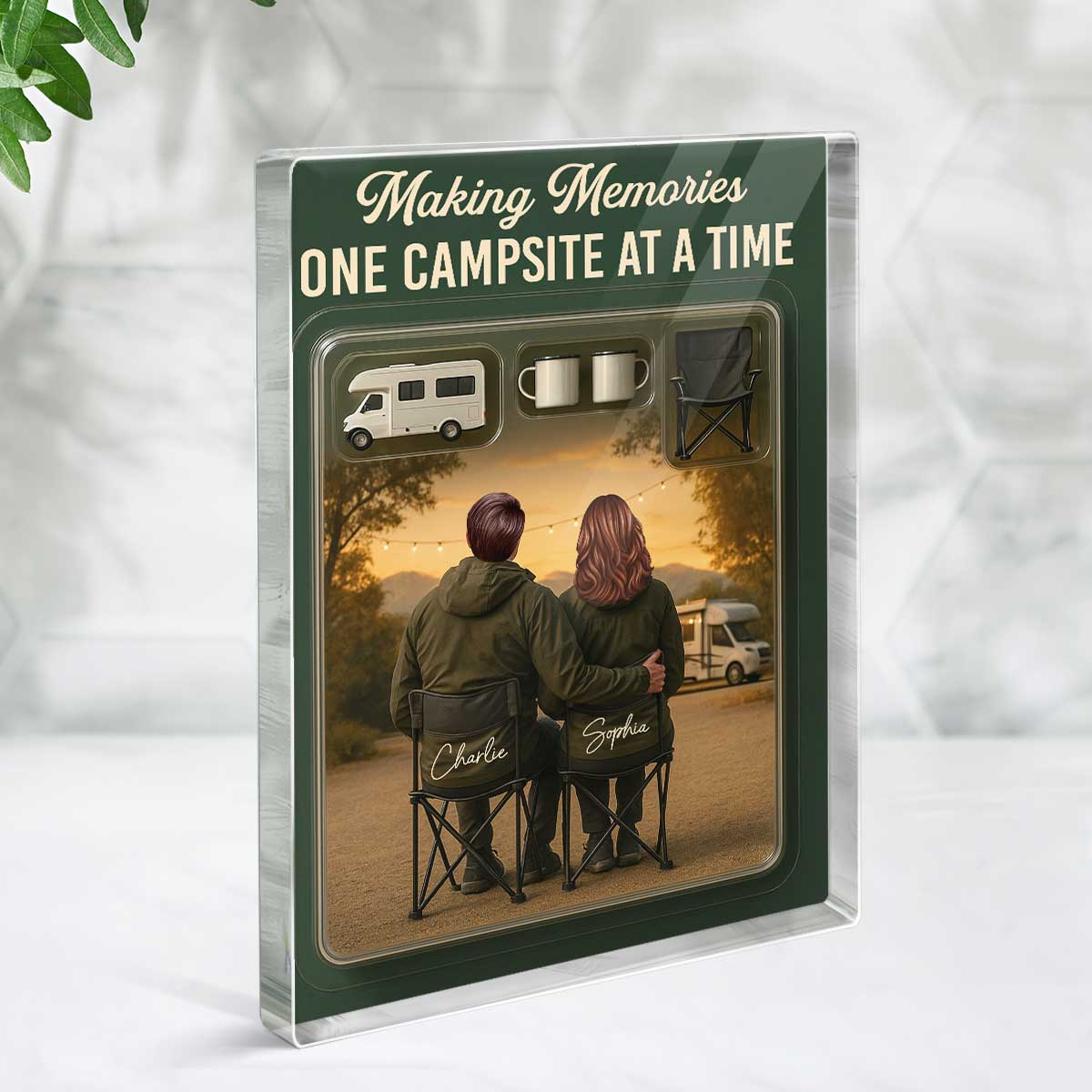 3D Effect Camping Couple Toy Box Custom Figure Personalized Rectangle Acrylic Block Plaque