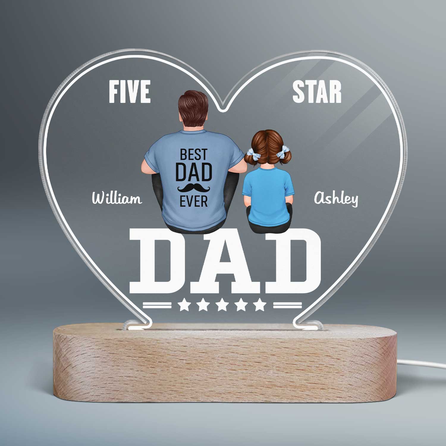 Five - Star Dad Back View Dad And Kids Personalized Acrylic Heart LED Night Light