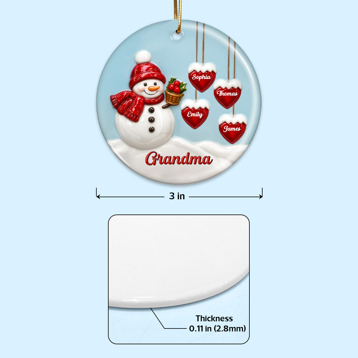 3D Effect Grandma Snowman - Personalized Ceramic Ornament - Christmas Decor For Grandma