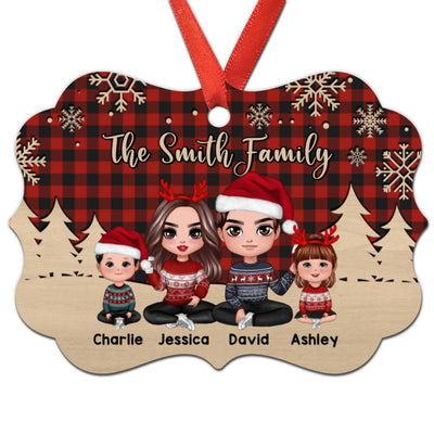 Checkered Pattern Doll Family Sitting Personalized Christmas Ornament