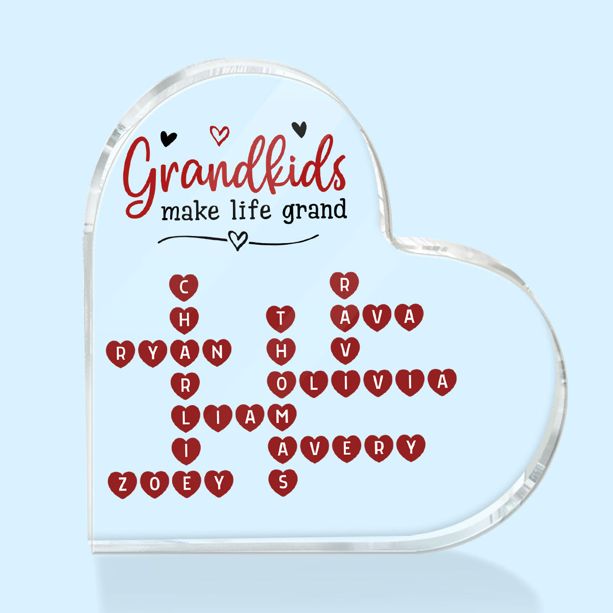 Grandkids Make Life Grand Heartfelt Crossword Puzzle Art Gift For Grandma Personalized Heart Acrylic Block Plaque