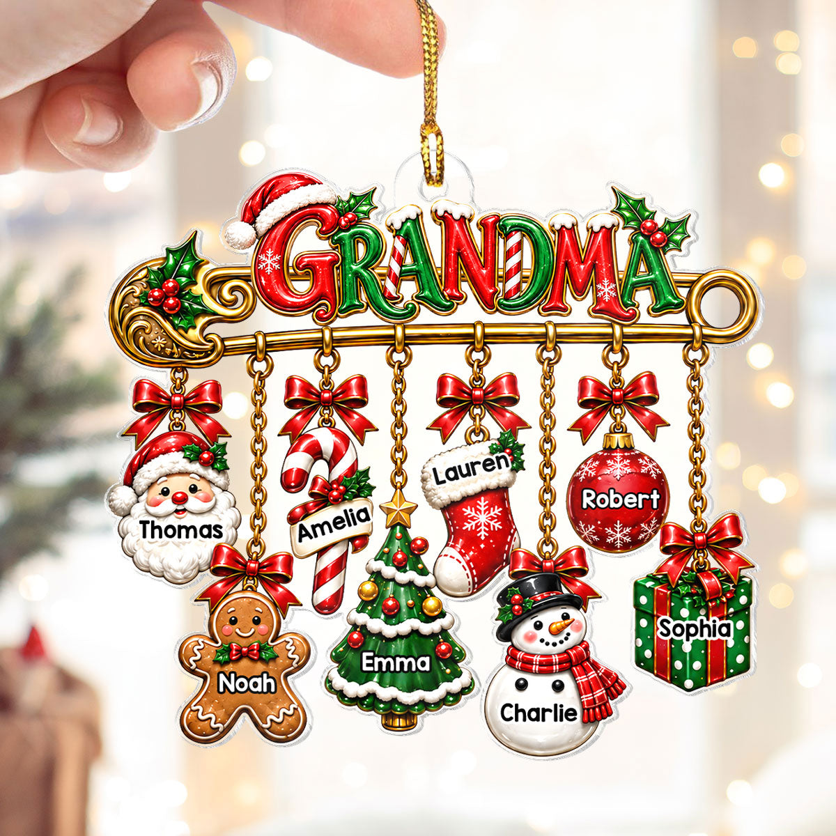 Grandma Safety Pin Christmas Charm - Personalized Acrylic Ornament - Trendy Christmas Gift for Grandma